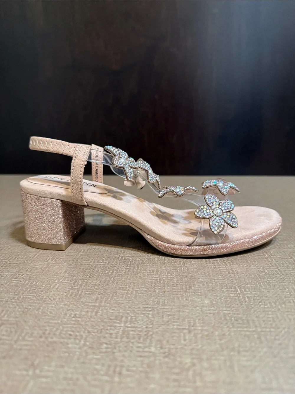 Steve Madden Blush Pink Rhinestone Floral T-Strap Heels
